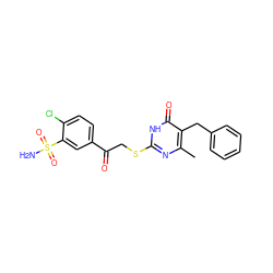 Cc1nc(SCC(=O)c2ccc(Cl)c(S(N)(=O)=O)c2)[nH]c(=O)c1Cc1ccccc1 ZINC000084615673