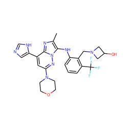 Cc1nc2c(-c3cnc[nH]3)cc(N3CCOCC3)nn2c1Nc1cccc(C(F)(F)F)c1CN1CC(O)C1 ZINC001772646852