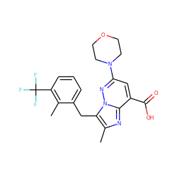 Cc1nc2c(C(=O)O)cc(N3CCOCC3)nn2c1Cc1cccc(C(F)(F)F)c1C ZINC001772608968