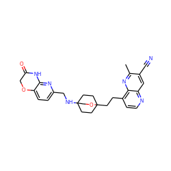 Cc1nc2c(CCC34CCC(NCc5ccc6c(n5)NC(=O)CO6)(CC3)CO4)ccnc2cc1C#N ZINC000299862526