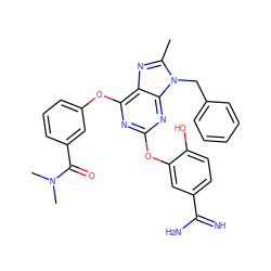 Cc1nc2c(Oc3cccc(C(=O)N(C)C)c3)nc(Oc3cc(C(=N)N)ccc3O)nc2n1Cc1ccccc1 ZINC000001903301