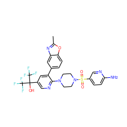 Cc1nc2cc(-c3cc(C(O)(C(F)(F)F)C(F)(F)F)cnc3N3CCN(S(=O)(=O)c4ccc(N)nc4)CC3)ccc2o1 ZINC000299829022
