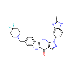 Cc1nc2cc(-n3ncc(C(=O)c4cc5ccc(CN6CCC(F)(F)CC6)cc5[nH]4)c3N)ccc2[nH]1 ZINC000150096958