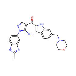 Cc1nc2cc(-n3ncc(C(=O)c4cc5ccc(CN6CCOCC6)cc5[nH]4)c3N)ccc2[nH]1 ZINC000149874041