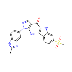 Cc1nc2cc(-n3ncc(C(=O)c4cc5ccc(S(C)(=O)=O)cc5[nH]4)c3N)ccc2[nH]1 ZINC000146545499