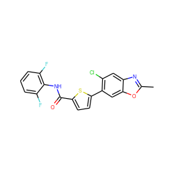 Cc1nc2cc(Cl)c(-c3ccc(C(=O)Nc4c(F)cccc4F)s3)cc2o1 ZINC000142583371