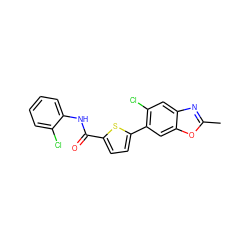 Cc1nc2cc(Cl)c(-c3ccc(C(=O)Nc4ccccc4Cl)s3)cc2o1 ZINC000142583155