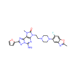 Cc1nc2cc(N3CCN(CCn4c(=O)n(C)c5c4nc(N)n4nc(-c6ccco6)nc54)CC3)c(F)cc2o1 ZINC000148699610