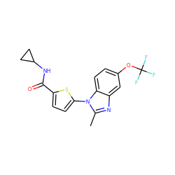 Cc1nc2cc(OC(F)(F)F)ccc2n1-c1ccc(C(=O)NC2CC2)s1 ZINC000058639005