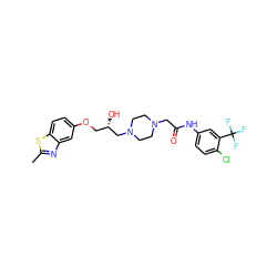 Cc1nc2cc(OC[C@H](O)CN3CCN(CC(=O)Nc4ccc(Cl)c(C(F)(F)F)c4)CC3)ccc2s1 ZINC000027631760