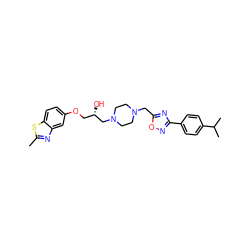 Cc1nc2cc(OC[C@H](O)CN3CCN(Cc4nc(-c5ccc(C(C)C)cc5)no4)CC3)ccc2s1 ZINC000028394179