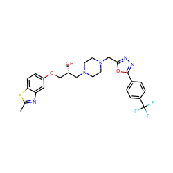 Cc1nc2cc(OC[C@H](O)CN3CCN(Cc4nnc(-c5ccc(C(F)(F)F)cc5)o4)CC3)ccc2s1 ZINC000028392156