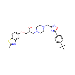 Cc1nc2cc(OC[C@H](O)CN3CCN(Cc4noc(-c5ccc(C(C)(C)C)cc5)n4)CC3)ccc2s1 ZINC000028388416