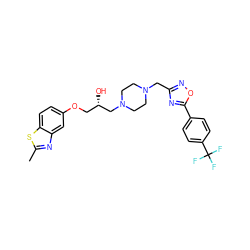 Cc1nc2cc(OC[C@H](O)CN3CCN(Cc4noc(-c5ccc(C(F)(F)F)cc5)n4)CC3)ccc2s1 ZINC000022448000