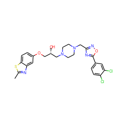 Cc1nc2cc(OC[C@H](O)CN3CCN(Cc4noc(-c5ccc(Cl)c(Cl)c5)n4)CC3)ccc2s1 ZINC000028394629