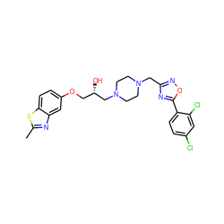 Cc1nc2cc(OC[C@H](O)CN3CCN(Cc4noc(-c5ccc(Cl)cc5Cl)n4)CC3)ccc2s1 ZINC000028392783