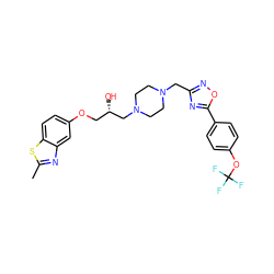 Cc1nc2cc(OC[C@H](O)CN3CCN(Cc4noc(-c5ccc(OC(F)(F)F)cc5)n4)CC3)ccc2s1 ZINC000028374125