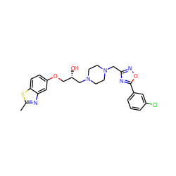 Cc1nc2cc(OC[C@H](O)CN3CCN(Cc4noc(-c5cccc(Cl)c5)n4)CC3)ccc2s1 ZINC000028397809