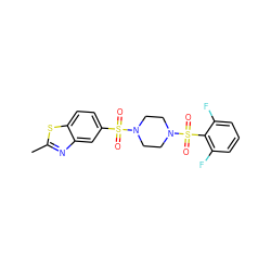 Cc1nc2cc(S(=O)(=O)N3CCN(S(=O)(=O)c4c(F)cccc4F)CC3)ccc2s1 ZINC000049072990