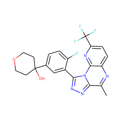 Cc1nc2ccc(C(F)(F)F)nc2n2c(-c3cc(C4(O)CCOCC4)ccc3F)nnc12 ZINC000145782619