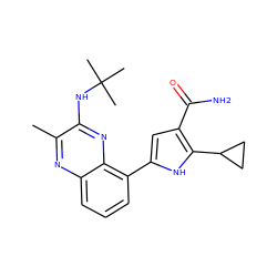 Cc1nc2cccc(-c3cc(C(N)=O)c(C4CC4)[nH]3)c2nc1NC(C)(C)C ZINC000222339049