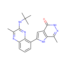 Cc1nc2cccc(-c3cc4c(=O)[nH]nc(C)c4[nH]3)c2nc1NC(C)(C)C ZINC001772630277