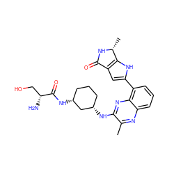 Cc1nc2cccc(-c3cc4c([nH]3)[C@@H](C)NC4=O)c2nc1N[C@H]1CCC[C@@H](NC(=O)[C@H](N)CO)C1 ZINC000223431836