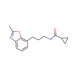 Cc1nc2cccc(CCCNC(=O)C3CC3)c2o1 ZINC000027216673