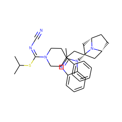 Cc1nc2ccccc2n1[C@@H]1C[C@@H]2CC[C@H](C1)N2CCC1(c2ccccc2)CCN(/C(=N\C#N)SC(C)C)CC1 ZINC000101193550