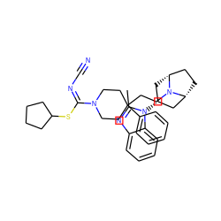 Cc1nc2ccccc2n1[C@@H]1C[C@@H]2CC[C@H](C1)N2CCC1(c2ccccc2)CCN(/C(=N\C#N)SC2CCCC2)CC1 ZINC000101193551