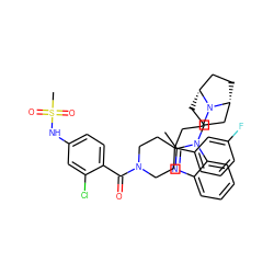 Cc1nc2ccccc2n1C1C[C@@H]2CC[C@H](C1)N2CCC1(c2cccc(F)c2)CCN(C(=O)c2ccc(NS(C)(=O)=O)cc2Cl)CC1 ZINC000072128643