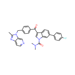 Cc1nc2ccncc2n1Cc1ccc(C(=O)c2cn(C(=O)N(C)C)c3cc(-c4ccc(F)cc4)ccc23)cc1 ZINC000028019932