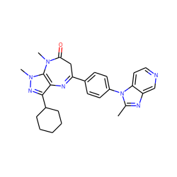 Cc1nc2cnccc2n1-c1ccc(C2=Nc3c(C4CCCCC4)nn(C)c3N(C)C(=O)C2)cc1 ZINC000000576799