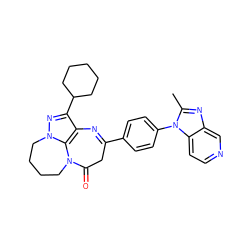 Cc1nc2cnccc2n1-c1ccc(C2=Nc3c(C4CCCCC4)nn4c3N(CCCC4)C(=O)C2)cc1 ZINC000000604406