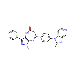 Cc1nc2cnccc2n1-c1ccc(C2=Nc3c(c(-c4ccccc4)nn3C)NC(=O)C2)cc1 ZINC000013743174