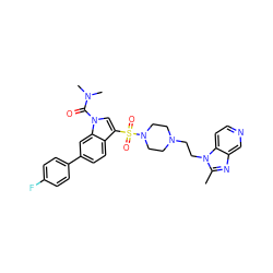 Cc1nc2cnccc2n1CCN1CCN(S(=O)(=O)c2cn(C(=O)N(C)C)c3cc(-c4ccc(F)cc4)ccc23)CC1 ZINC000028018598