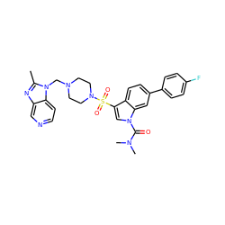 Cc1nc2cnccc2n1CN1CCN(S(=O)(=O)c2cn(C(=O)N(C)C)c3cc(-c4ccc(F)cc4)ccc23)CC1 ZINC000028092120