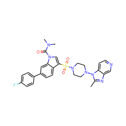 Cc1nc2cnccc2n1N1CCN(S(=O)(=O)c2cn(C(=O)N(C)C)c3cc(-c4ccc(F)cc4)ccc23)CC1 ZINC000028086441