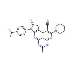 Cc1nc2nc3c(c4c(C#N)c(N5CCCCC5)nc([nH]1)c24)CC(=O)N3c1ccc(C(C)C)cc1 ZINC000003319707