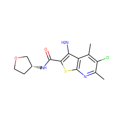 Cc1nc2sc(C(=O)N[C@@H]3CCOC3)c(N)c2c(C)c1Cl ZINC000095594776