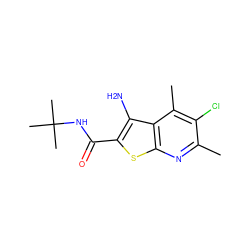 Cc1nc2sc(C(=O)NC(C)(C)C)c(N)c2c(C)c1Cl ZINC000095597874