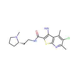 Cc1nc2sc(C(=O)NCC[C@@H]3CCCN3C)c(N)c2c(C)c1Cl ZINC000095597589