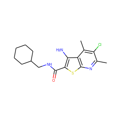 Cc1nc2sc(C(=O)NCC3CCCCC3)c(N)c2c(C)c1Cl ZINC000095594801