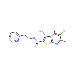 Cc1nc2sc(C(=O)NCCc3ccccn3)c(N)c2c(C)c1Cl ZINC000095595545