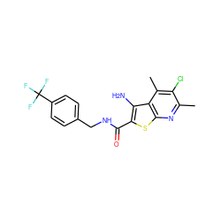 Cc1nc2sc(C(=O)NCc3ccc(C(F)(F)F)cc3)c(N)c2c(C)c1Cl ZINC000095594467