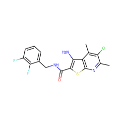 Cc1nc2sc(C(=O)NCc3cccc(F)c3F)c(N)c2c(C)c1Cl ZINC000095595769