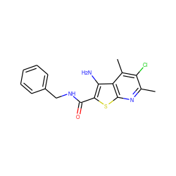 Cc1nc2sc(C(=O)NCc3ccccc3)c(N)c2c(C)c1Cl ZINC000095593302