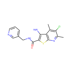 Cc1nc2sc(C(=O)NCc3cccnc3)c(N)c2c(C)c1Cl ZINC000095593550