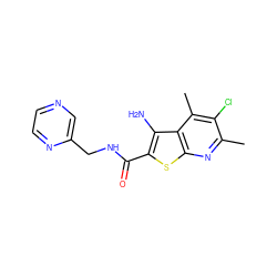 Cc1nc2sc(C(=O)NCc3cnccn3)c(N)c2c(C)c1Cl ZINC000095594825