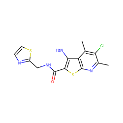 Cc1nc2sc(C(=O)NCc3nccs3)c(N)c2c(C)c1Cl ZINC000095594694